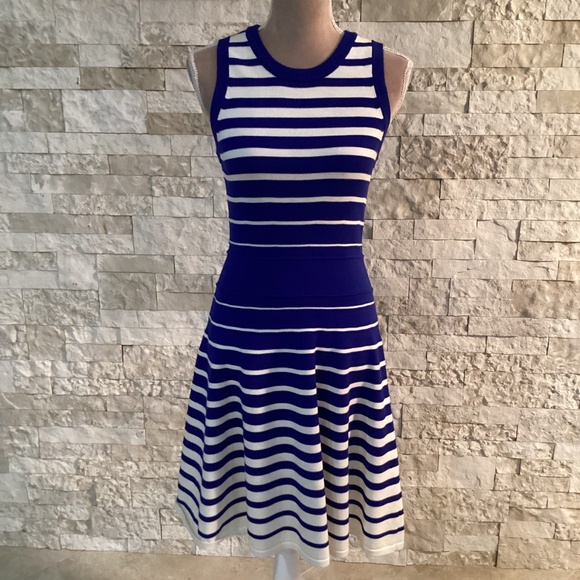 Milly "Degrade" Blue and White Striped Fit and Flare Dress - Picture 2 of 11